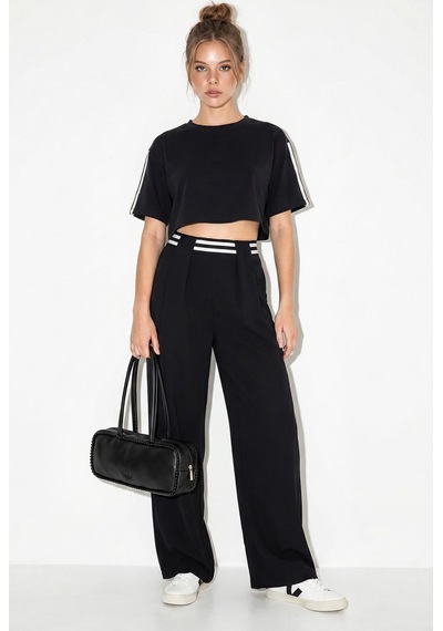 Shade Kadın Çizgi Detaylı Crop Bluzlu Yüksek Bel Modal Takım 4136 60286285 - Siyah