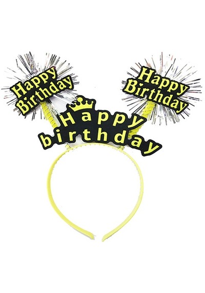 Parti Happy Birthday Püsküllü Neon Sarı Renk Doğum Günü Tacı 22x19 Cm Çok Renkli