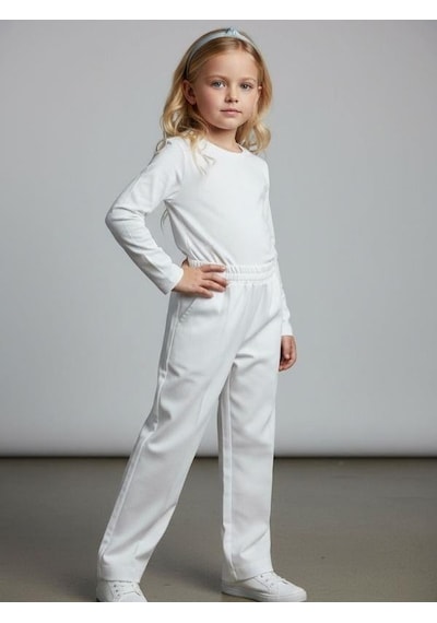 Zekids Kız Çocuk Yumuşak Dokulu Yüksek Bel Pantolon-17008 Beyaz