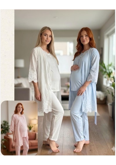 Bone Club Fistolu Vual Penye Hamile Lohusa 3 Lü Pijama Sabahlık Tk Mavi