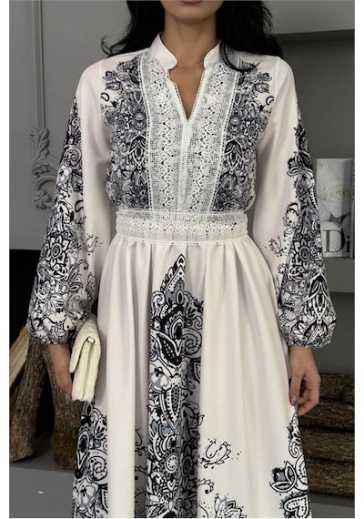 Neşeli Butik Kadın Siyah Güpür Detaylı Atlas Kumaş Desenli İthal Elbise Nbms25109 Siyah
