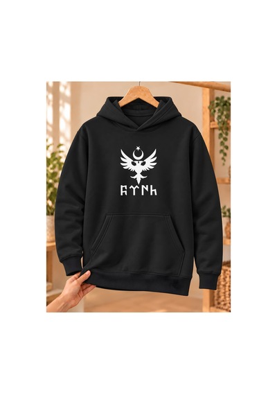 Mor Mürekkep Çift Başlı Kartal Ay Yıldız Ve Göktürk Yazısı Baskılı Kapüşonlu Sweatshirt - Siyah