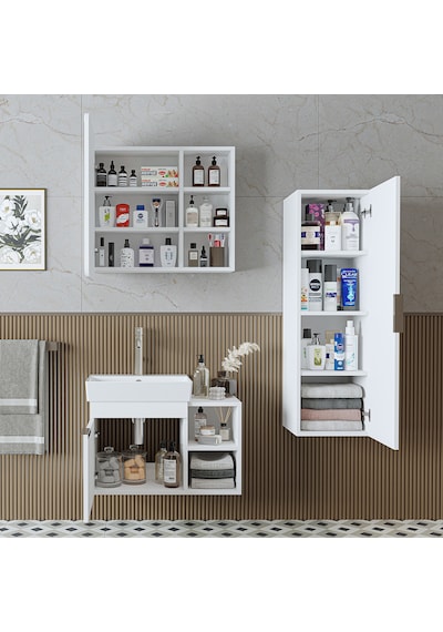 Likya Kapaklı Ve Açık Raflı Mdflam Lavabolu 72 Cm Banyo Alt Dolabı + Üst Dolabı + Banyo Boy Dolabı Beyaz Beyaz Likya Kapaklı Ve Açık Raflı Mdflam Lavabolu 72 Cm Banyo Alt Dolabı + Üst Dolabı + Banyo Boy Dolabı Beyaz Beyaz
