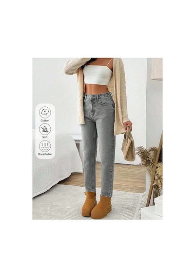 Kene Jeans Yüksek Bel Tam Kalıp Mom Jeans Kar Siyah