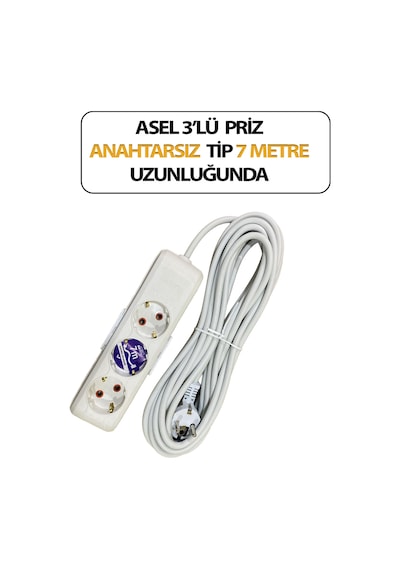 Üçlü, Topraklı, Klemensli, Kablo 7 Metre Uzunluğunda, Askı Aparatlı Grup Priz Anahtarsız Model 3