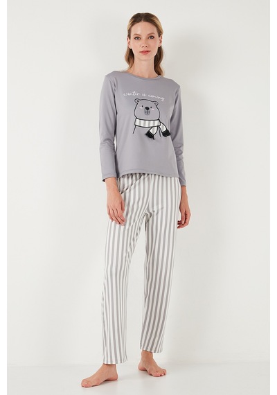 Lela Regular Fit Desenli Bisiklet Yaka Bayan Pijama Takımı 65719102 Gri