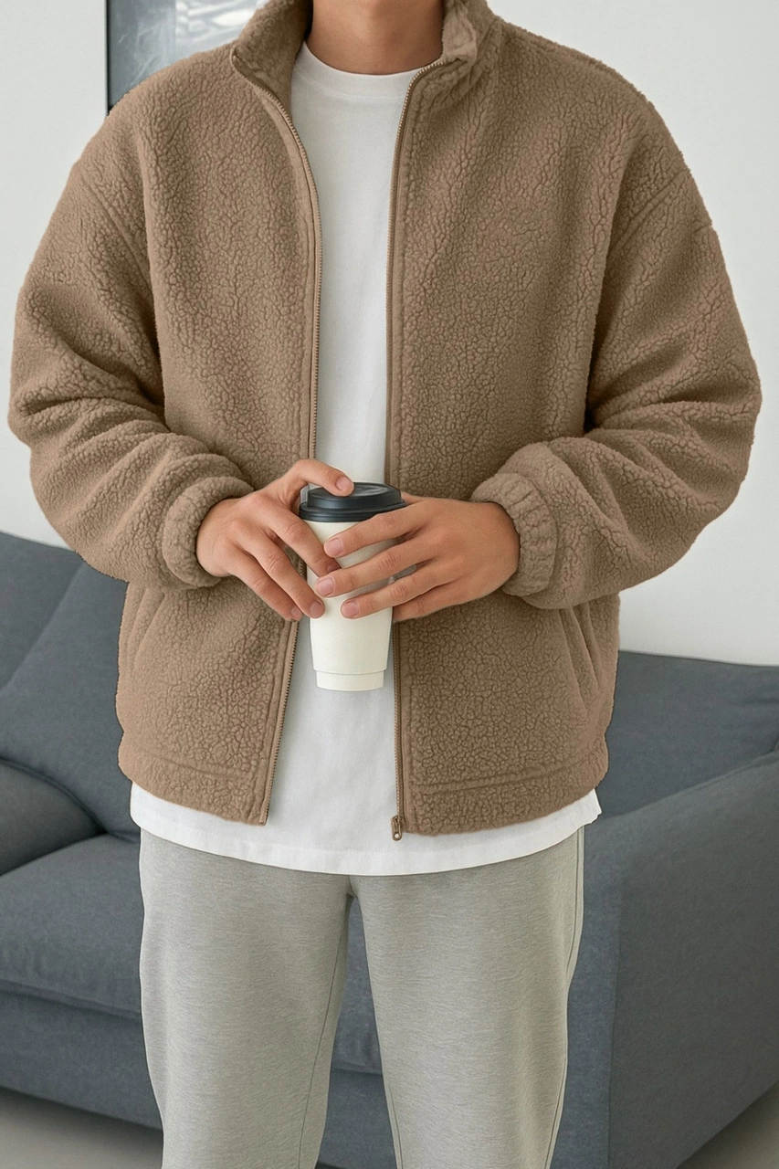 Ghassy Co. Erkek Isı Termal İç Dış Sherpa Sonbahar Kış Tam Fermuarlı Peluş Polar Sweatshirt Bej