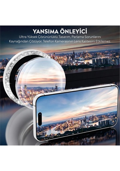 İphone 16/16 Plus İle Uyumlu Elmas Kaplı Taşlı Kamera Lens Koruyucu Alüminyum Alaşım Çerçeveli Telefon Lensi Temperli Cam Koruma Beyaz
