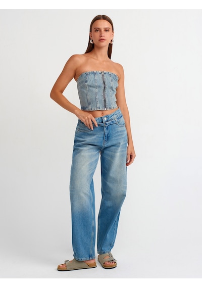 Dilvin İnce Kemerli Denim Balon Pantolon Mavi