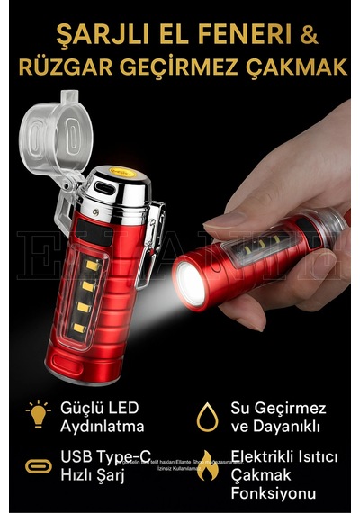 Çok Fonksiyonlu Şarjlı Led El Feneri & Rüzgar Geçirmez Elektrikli Çakmak Çok Renkli