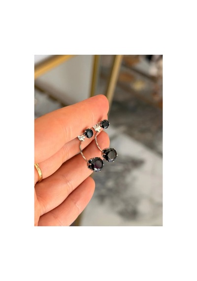 Siyah Tek Taş Model Silver Detaylı Tasarım Küpe Gümüş