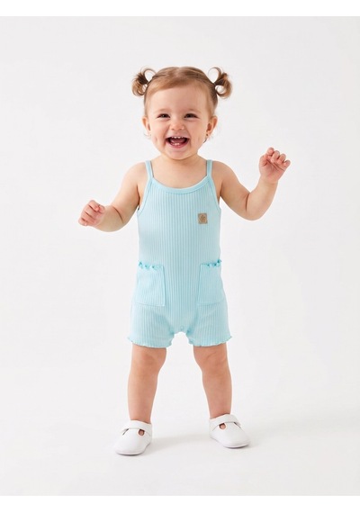 HelloBaby Pamuklu İp Askılı Cep Detaylı Kız Bebek Tulum Mavi