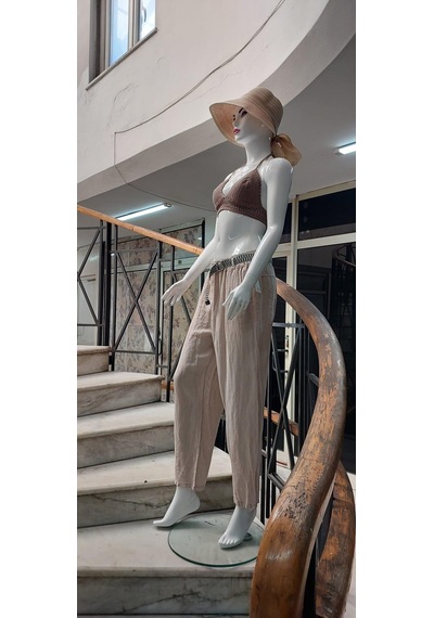 Eren Style İtalyan Kemerli Keten Pantolon-9260 Krem