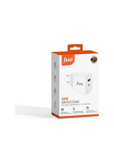 Juo 45W GaN USB-C + USB-A Şarj Aleti iPhone & iPad & Apple Uyumlu MacBook & Samsung PD Type-C Hızlı Şarj Cihazı Beyaz