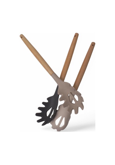 Bambu Saplı Silikon Makarna Servis Kaşığı Isıya Dayanıklı, Yapışmaz, 3 Renk Seçenekli, 27cm Uzun Saplı Makarna Kaşığı Bej