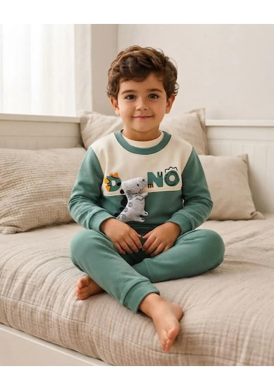 Karacon Baby Alt Üst Takım Erkek Bebek Yeşil 3d Dinozor Aplikeli 2 Parça