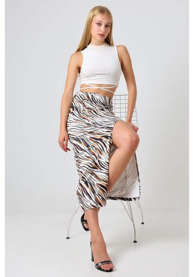 Gugus Kadın Derin Yırtmaçlı Dijital Baskılı Etek Maxi Boy 92 Cm Renkli Zebra