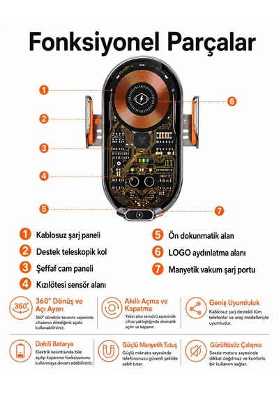 Kablosuz Araç İçi Şarj Cihazı Telefon Tutucu 3 Farklı Başlıklı Otomotaik Ayarlama Siyah