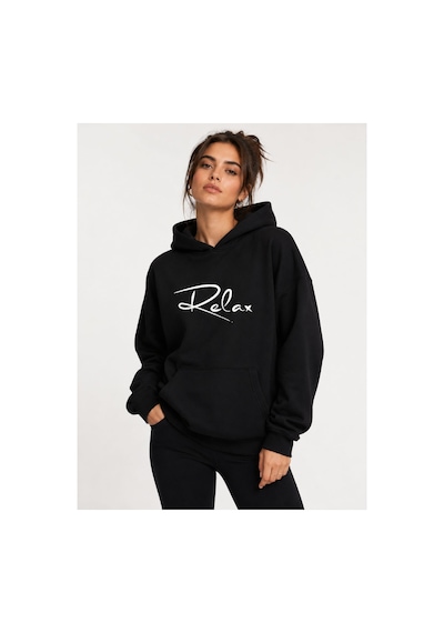 Herkesemoda Relax Baskılı Kapüşonlu 2 İplik Şardonlu Sweatshirt Siyah