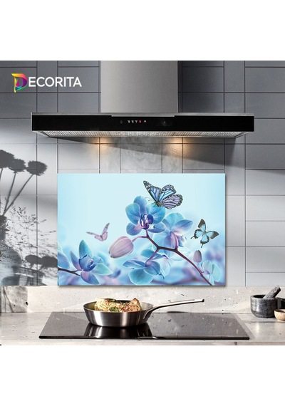 Decorıta Cam Ocak Arkası Koruyucu | Mavi Çiçek Ve Kelebek