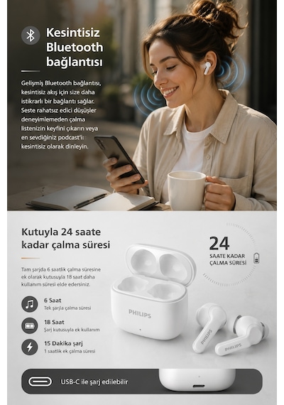 Philips TAT1149WT/00 True Wireless Bluetooth 5.4 Dynamic Bass IPX4 Kulak İçi Kulaklık