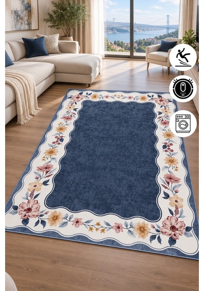 Floral Çerçeve Desenli Baskılı Kaymaz Yıkanabilir Salon Oturma Odası Mutfak Balkon Halısı Yolluk Lacivert
