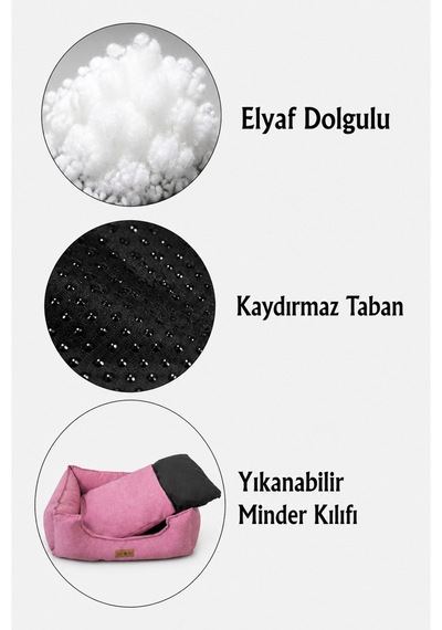 Premium Kedi Ve Köpek Yatağı Kafa Destekli Kaydırmaz Taban Yıkanabilir Fermuarlı Çift Taraflı Minder %100 Boncuk Elyaf Pembe 1607705364