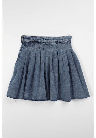 Blue White Kadın Şık Pileli Yazlık Mini Jean Etek Mavi