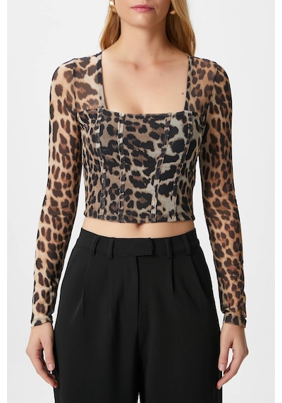 Ritnice Kadın Alina Korse Görünümlü Leopar Tül Crop Bluz LEOPAR