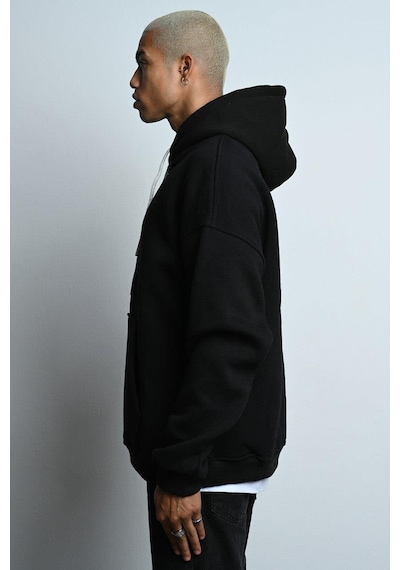 Oversize Kapşonlu Kanguru Cepli İçi Polarlı 3 İplik Erkek Sweatshirt Siyah