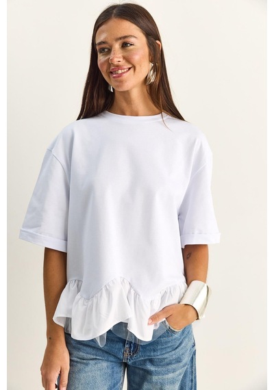 Shade Kadın Tül Detaylı Volanlı Oversize Basic T-shirt 8789 60286165 - Beyaz