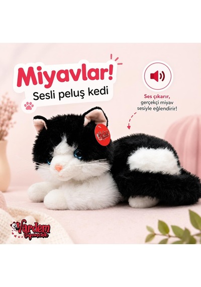 36 Cm Peluş Sesli Kedi Oyuncak, 4 Asorti Renk Seçenekli Yumuşak Kedi Peluşu, Ses Efektli Çocuk Oyuncağı, Sarılmalık Uyku Arkadaşı Ve Hediye Peluş Kedi Pjh14473 Siyah-beyaz