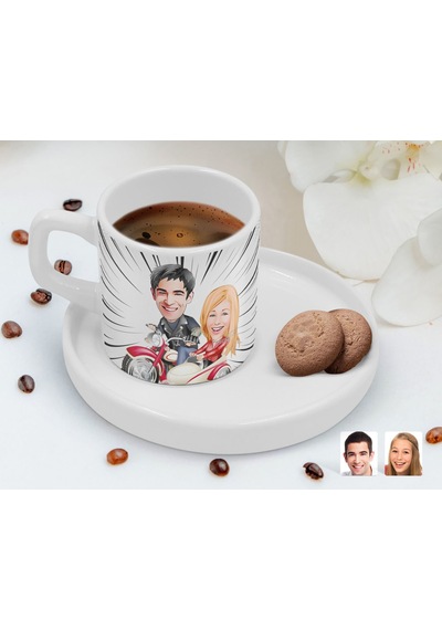 Bk Gift Kişiye Özel Sunum Tabaklı Sevgililer Karikatürlü Kahve Fincanı-12, Sevgiliye Hediye, Aileye Hediye Beyaz