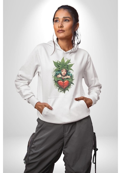 Kalp Parmak Kız Yeşillik Mutluluk Kadın Erkek Beyaz Kapüşonlu Sweatshirt Hoodie Beyaz