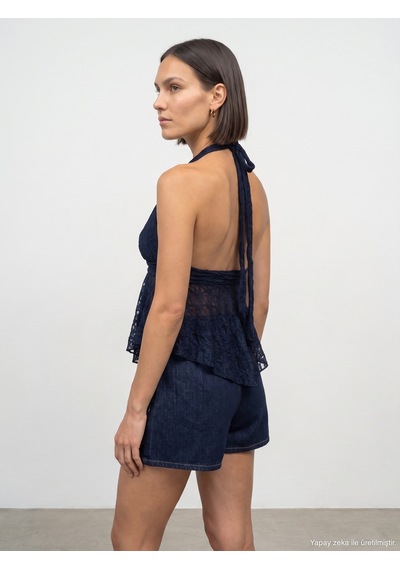 Dilvin 21228 Dantel Halter Yaka Top-indigo İndigo