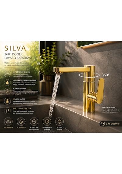 Viosa Silva 360 Döner Parlak Gold Lavabo Bataryası Lüks Modern Banyo Musluğu Banyo Lavabo Bataryası Siyah