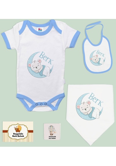 Bk Kids Kişiye Özel İsimli 5 Parça Mavi Bebek Body Zıbın Ve Battaniye Hediye Seti, Yeni Doğan Bebek Giyim Hediyesi-3