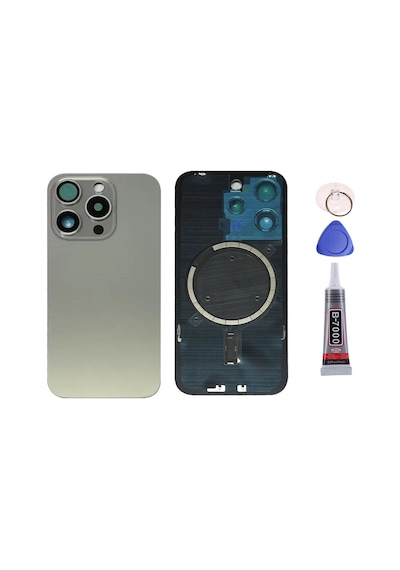 Apple Uyumlu iPhone 15 Pro Titanyum Gri Full Nfc Ve Demirli Arka Kapak Batarya Kapağı Pil Kapağı Yapışkan Ve Sökme Aparatıyla Beraber Full Set Gri