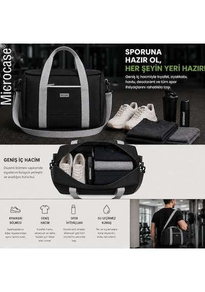 Microcase 4 Bölmeli Geniş Hacim Dayanıklı Spor Seyahat Malzeme Çantası Medium Al5583 Siyah