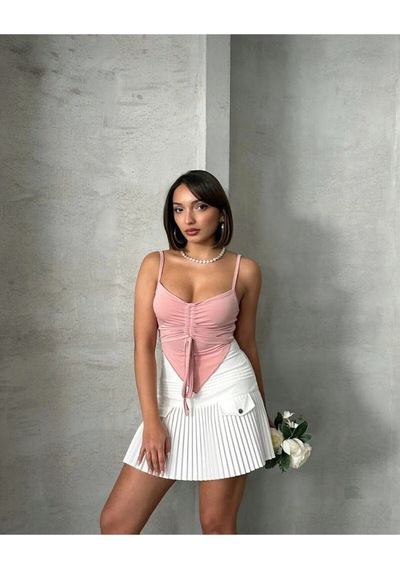 Önü Büzgülü Askılı Crop Pembe