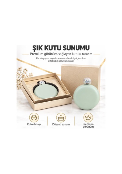 Lüks Taş İşlemeli Renkli Paslanmaz Çelik İçki Matarası 5 Oz 150 Ml. Cep Çanta Kamp Outdoor Hediyelik Yeşil