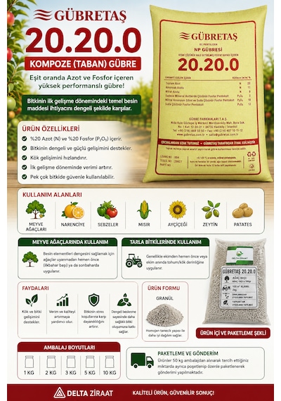 Gübretaş 20.20.0 Kompoze Taban Gübresi %20 Azot %20 Fosfor Meyve Ağaçları, Zeytin, Sebze Ve Tarla Bitkileri Için 3 KG