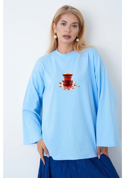 Herkesemoda Çay Bardağı Baskılı Uzun Kollu Tesettüre Uygun Body Mavi