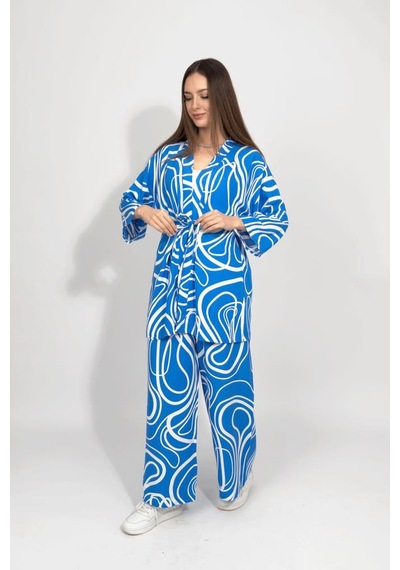 Dokuma Viskon Rahat Kesim Kimono Altı Uzun Takım Mavi