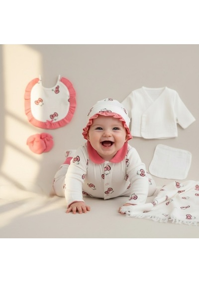 Milays Kız Bebek Hello Kitty Figürlü Müslin Kumaş Yenidoğan 10 Parça Hastane Çıkışı Zıbın Seti Kırmızı