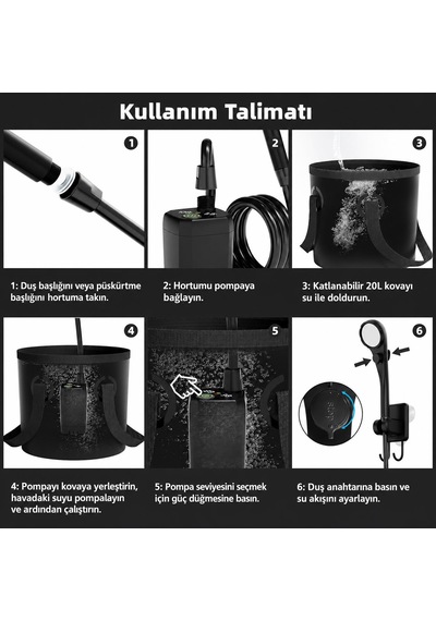Valkyrie Şarjlı Kamp Duşu 6000mah Dijital Göstergeli Taşınabilir Duş Seti 20l Katlanabilir Kova Ipx7