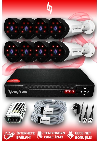 Bayicam 8 Kameralı Uzay 8 Dış Kamera Set HDD'siz Full HD Gece Görüşlü Güvenlik Kamerası Sistemi