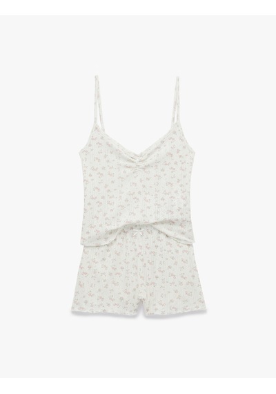 Koton Pamuklu Desenli İnce Askılı Şortlu Pijama Takımı Pembe Desenli 6slk40181mk