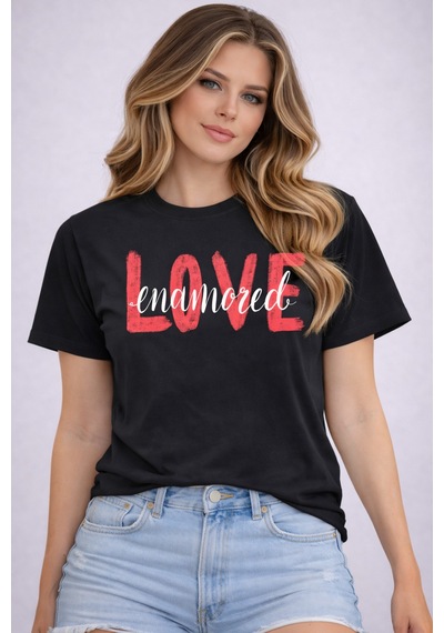 Herkesemoda Love Emamored Baskı Detaylı Basic T-shirt Siyah