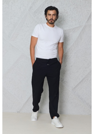 Blayn Jeans Erkek Haki Jogger Pantolon Beli Lastikli Bağcıklı %100 Pamuk Keten Baggy Rahat Günlük Pantolon siyah